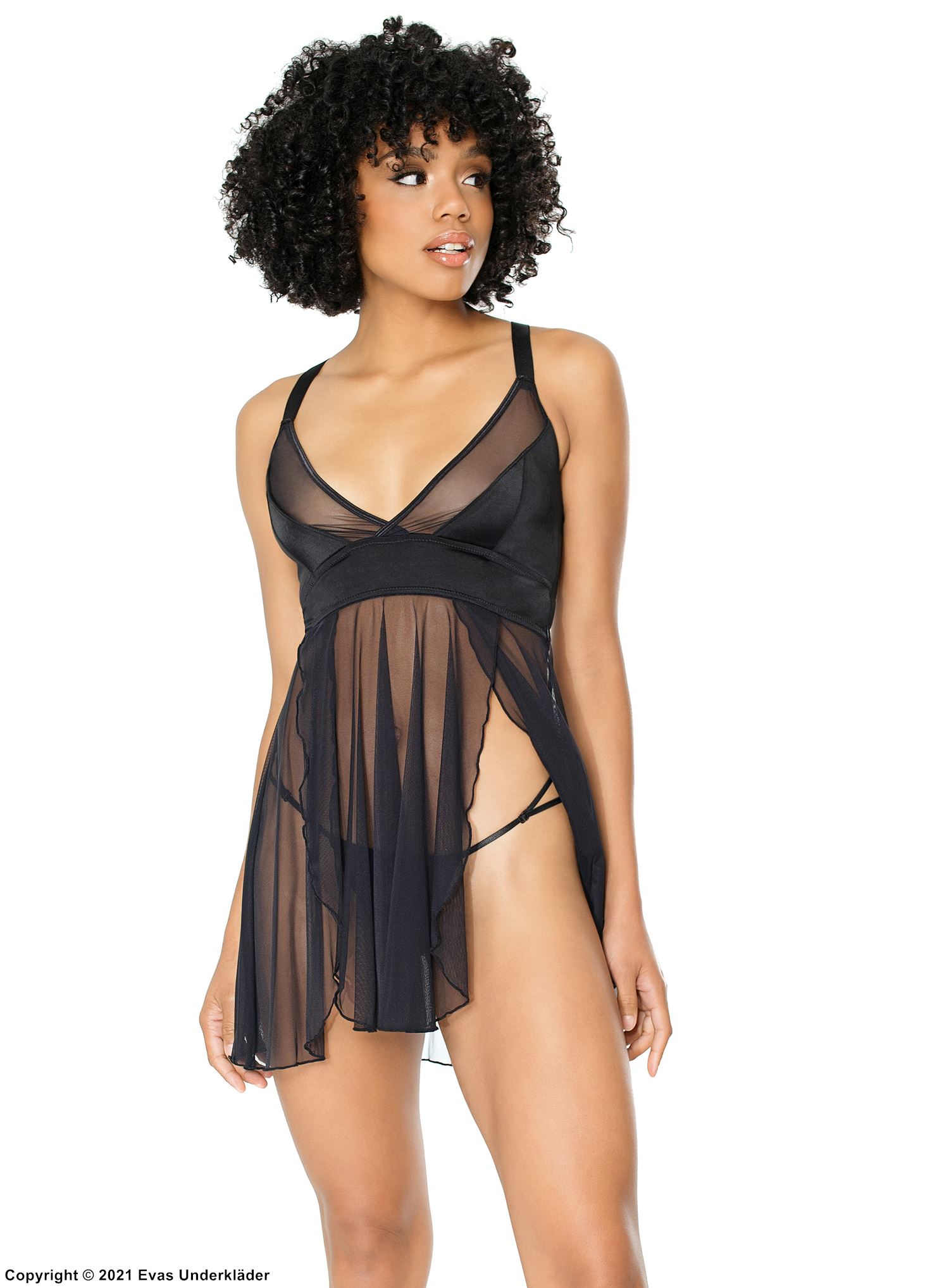 Romantisches Babydoll, Nylon, transparente Einlagen, Schlitz, Band auf der Rückseite